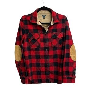 ROOTS Canada Checked Plaid Flannel Button Front Shirt Elbow Patches Red Black M